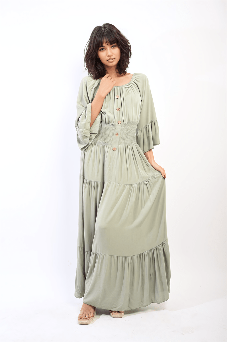 Ruffle Hem Sleeve Shirred Waist Tiered Maxi Dress - Glamoo - 