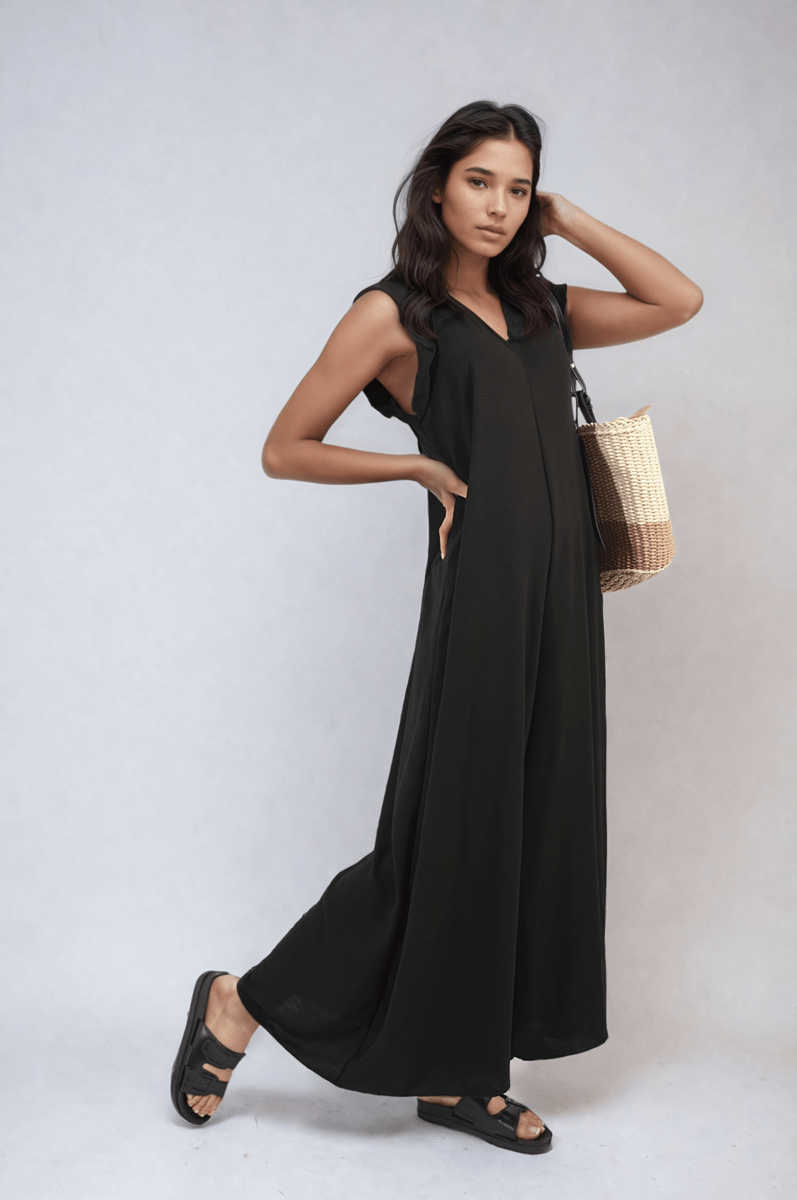 Ruffle Sleeve V - Neck Loose Waist Wide Leg Jumpsuit - Glamoo - 