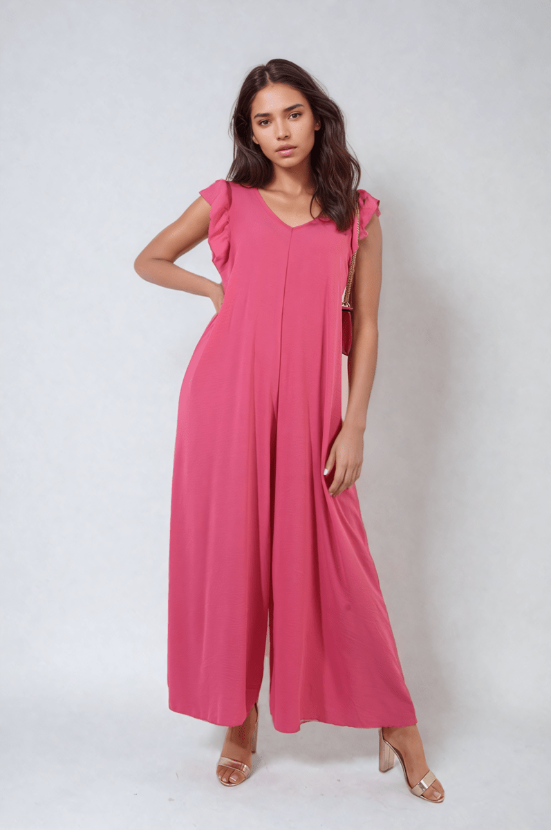 Ruffle Sleeve V - Neck Loose Waist Wide Leg Jumpsuit - Glamoo - 