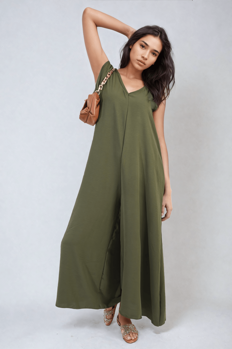 Ruffle Sleeve V - Neck Loose Waist Wide Leg Jumpsuit - Glamoo - 