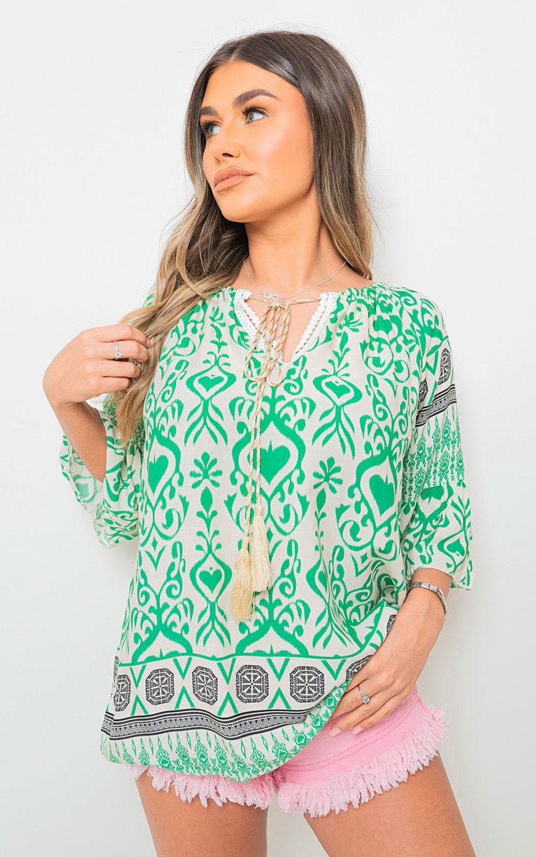 SARA Boho Printed Tassel Tie Neck Long Sleeve Loose Tops - Glamoo - 