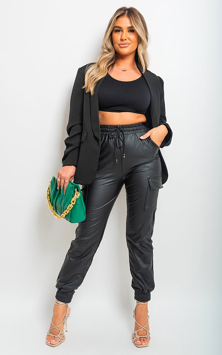 SELENE High Waisted Faux Leather Cargo Trousers - Glamoo - 