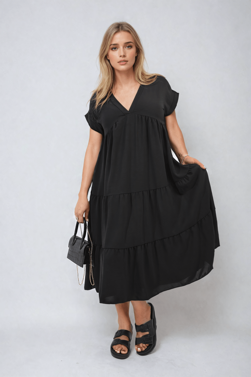 Short Sleeve Tiered V - Neck Midi Dress - Glamoo - 