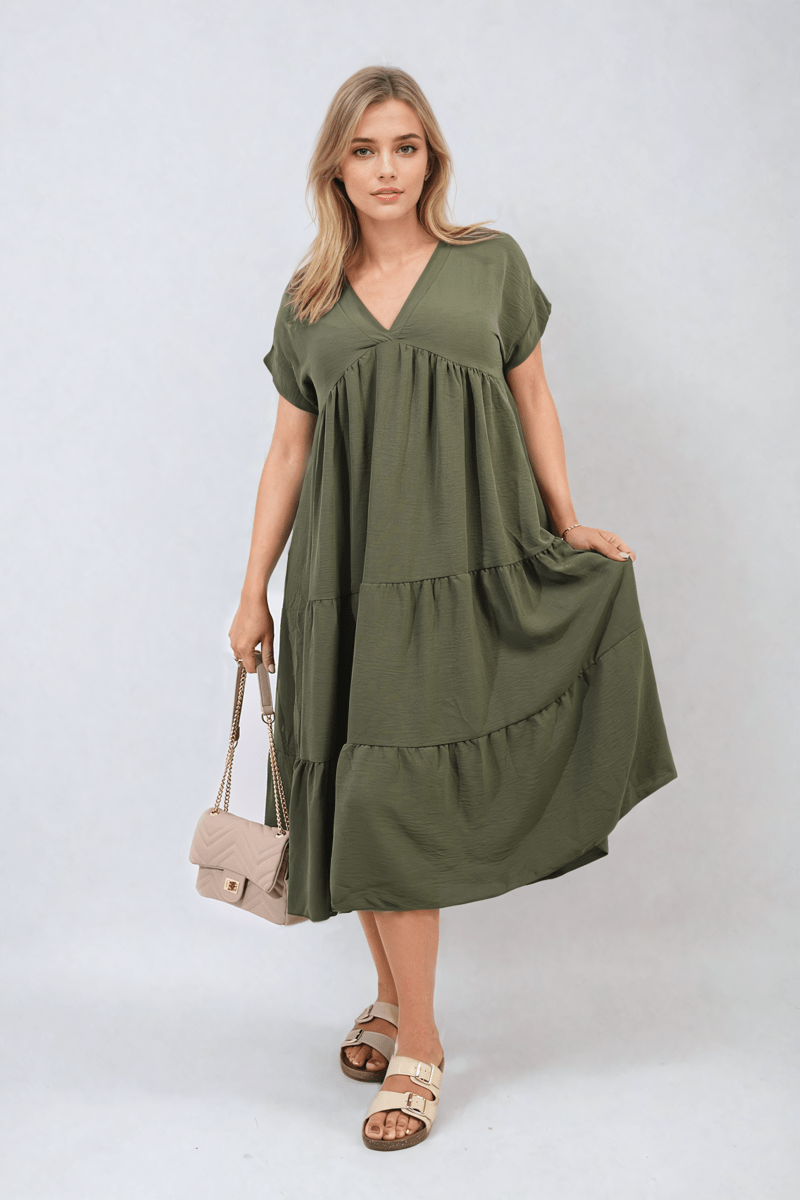 Short Sleeve Tiered V - Neck Midi Dress - Glamoo - 