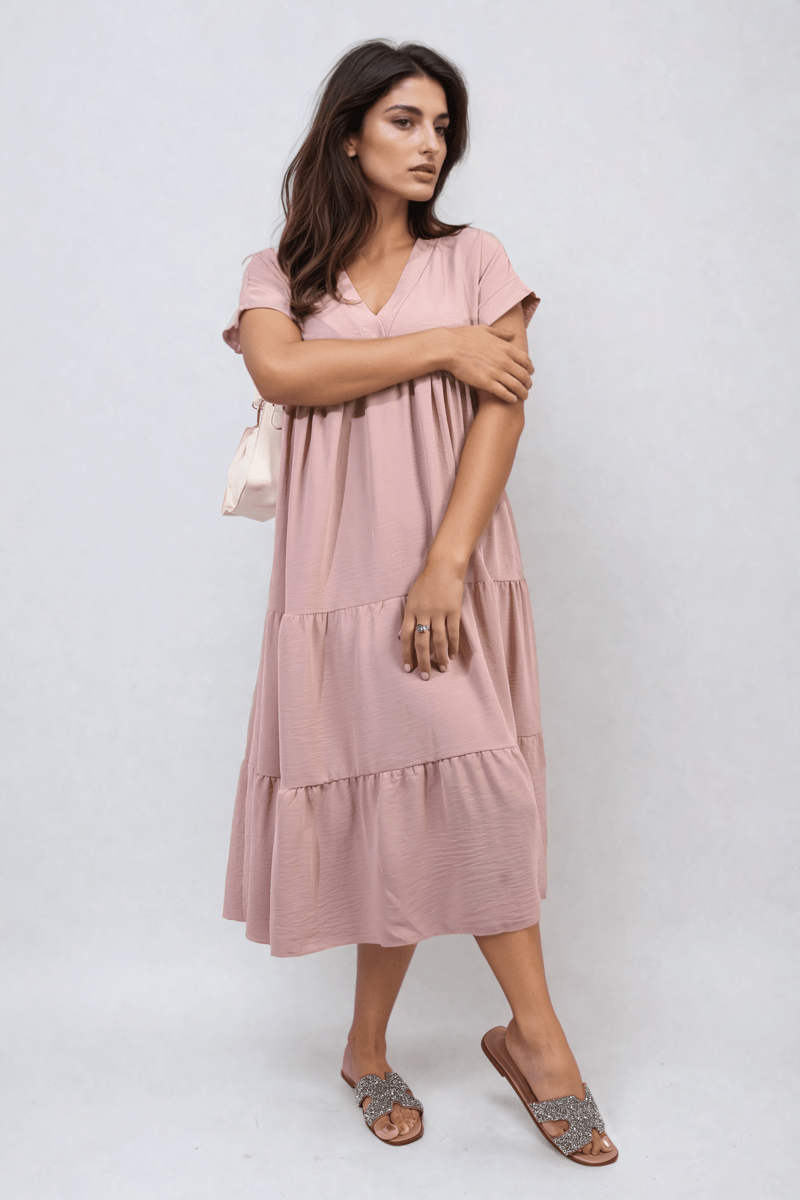 Short Sleeve Tiered V - Neck Midi Dress - Glamoo - 