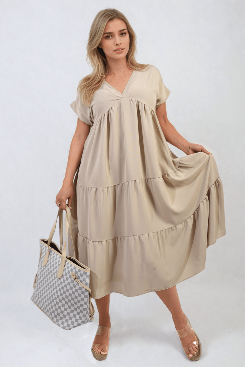 Short Sleeve Tiered V - Neck Midi Dress - Glamoo - 