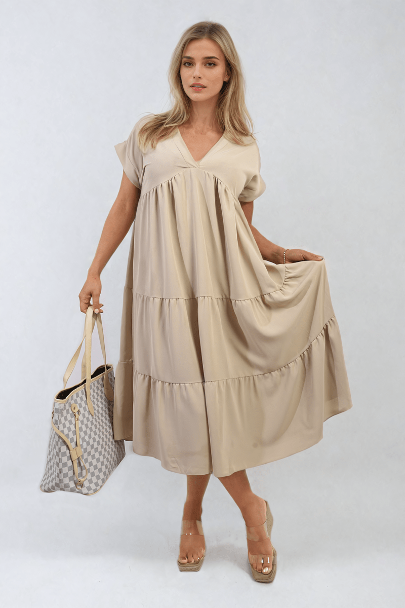 Short Sleeve Tiered V - Neck Midi Dress - Glamoo - 