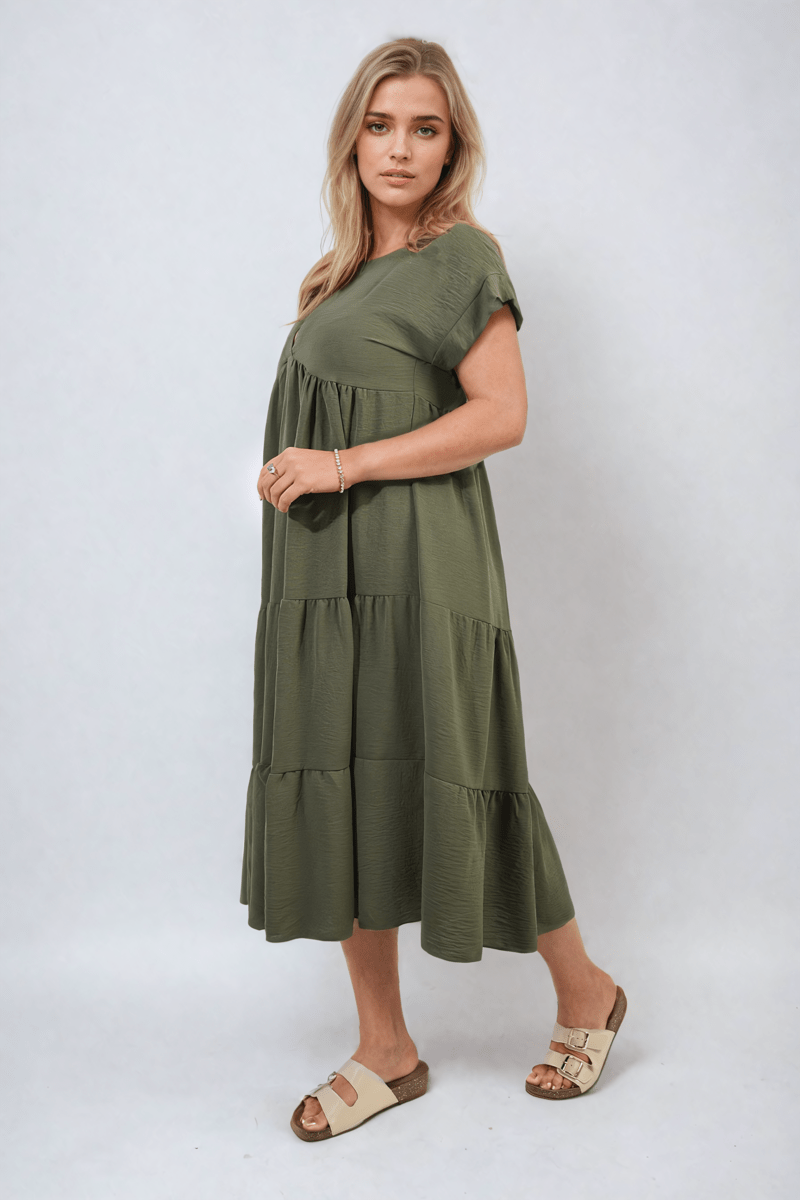 Short Sleeve Tiered V - Neck Midi Dress - Glamoo - 