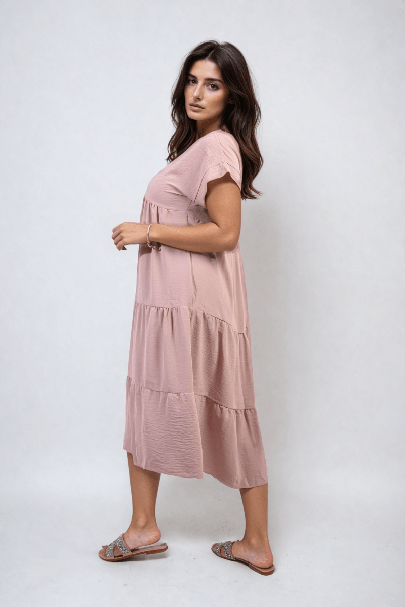 Short Sleeve Tiered V - Neck Midi Dress - Glamoo - 