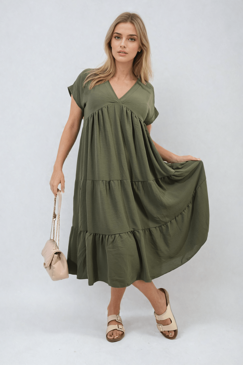 Short Sleeve Tiered V - Neck Midi Dress - Glamoo - 