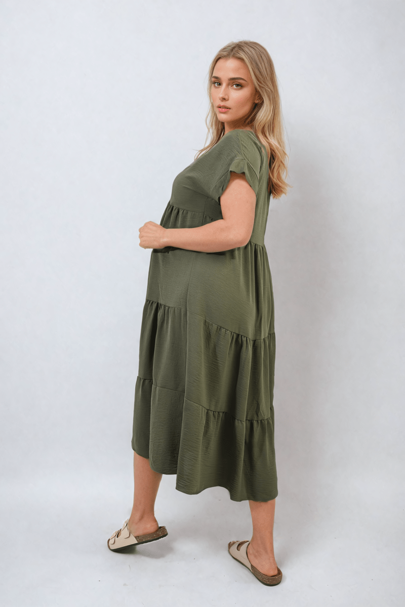 Short Sleeve Tiered V - Neck Midi Dress - Glamoo - 