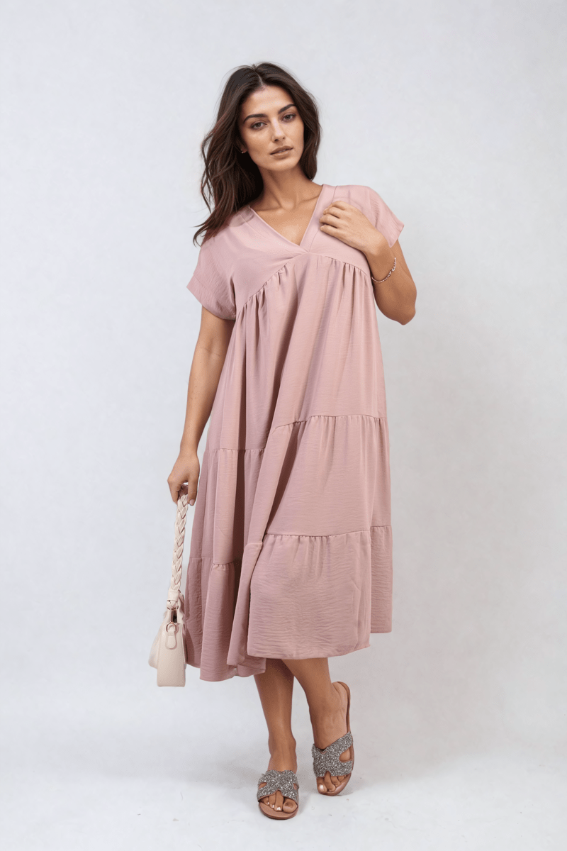 Short Sleeve Tiered V - Neck Midi Dress - Glamoo - 