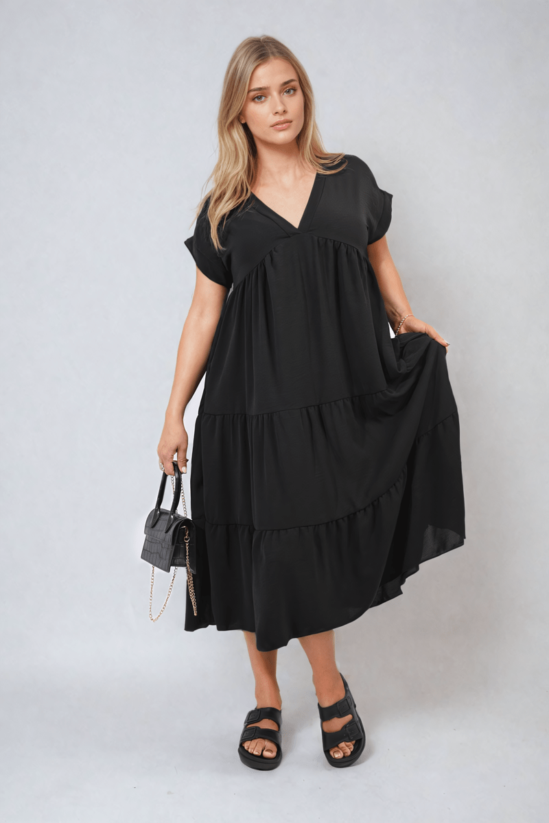 Short Sleeve Tiered V - Neck Midi Dress - Glamoo - 