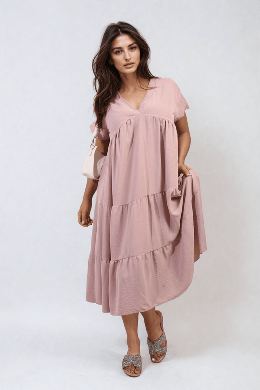 Short Sleeve Tiered V - Neck Midi Dress - Glamoo - 