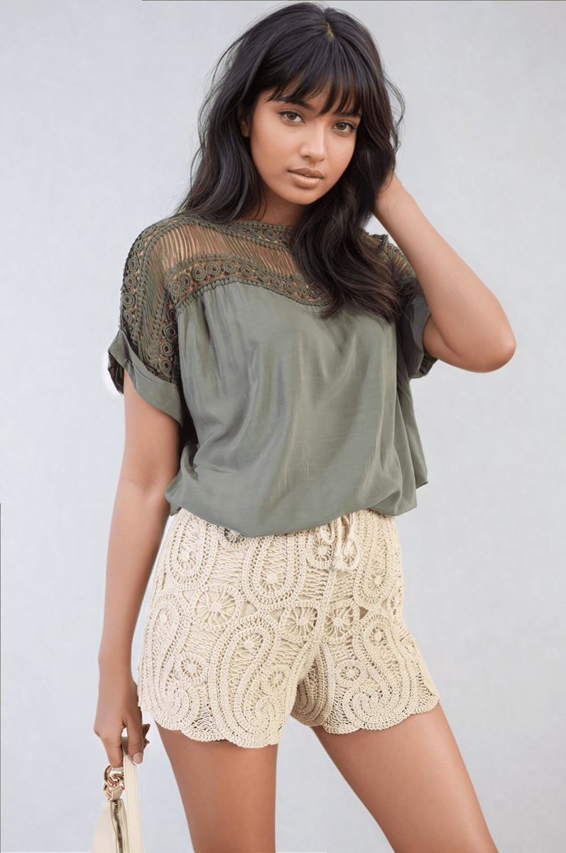 SYLVIA Lace Insert Round Neck Hollow Top - Glamoo - 