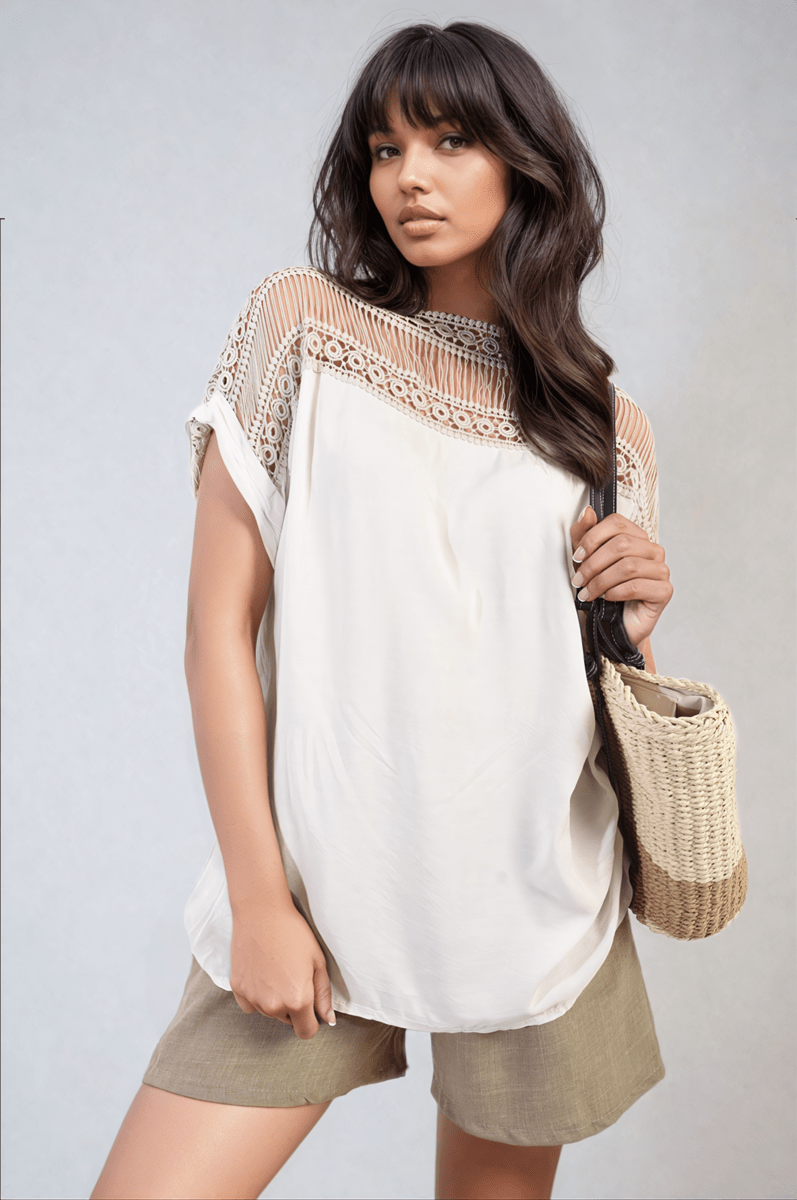 SYLVIA Lace Insert Round Neck Hollow Top - Glamoo - 