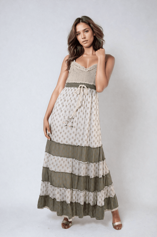 Tiered Crochet Strappy Maxi Dress - Glamoo - 