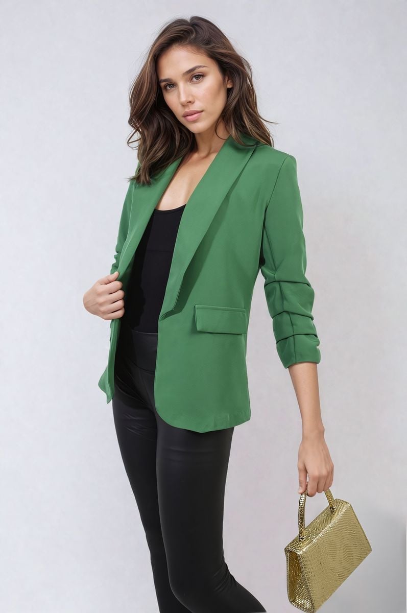 VALERIE Ruched Sleeve Open Front Blazer Jacket with Front Pockets - Glamoo - 