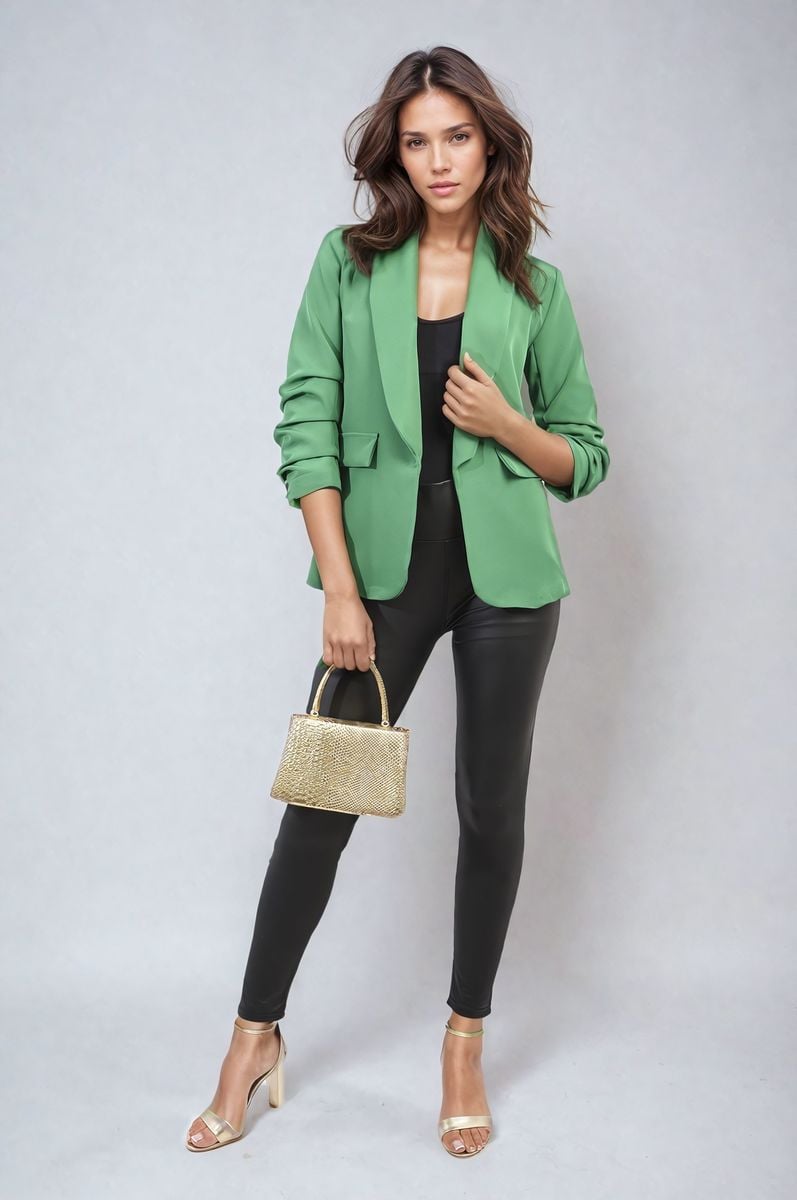 VALERIE Ruched Sleeve Open Front Blazer Jacket with Front Pockets - Glamoo - 