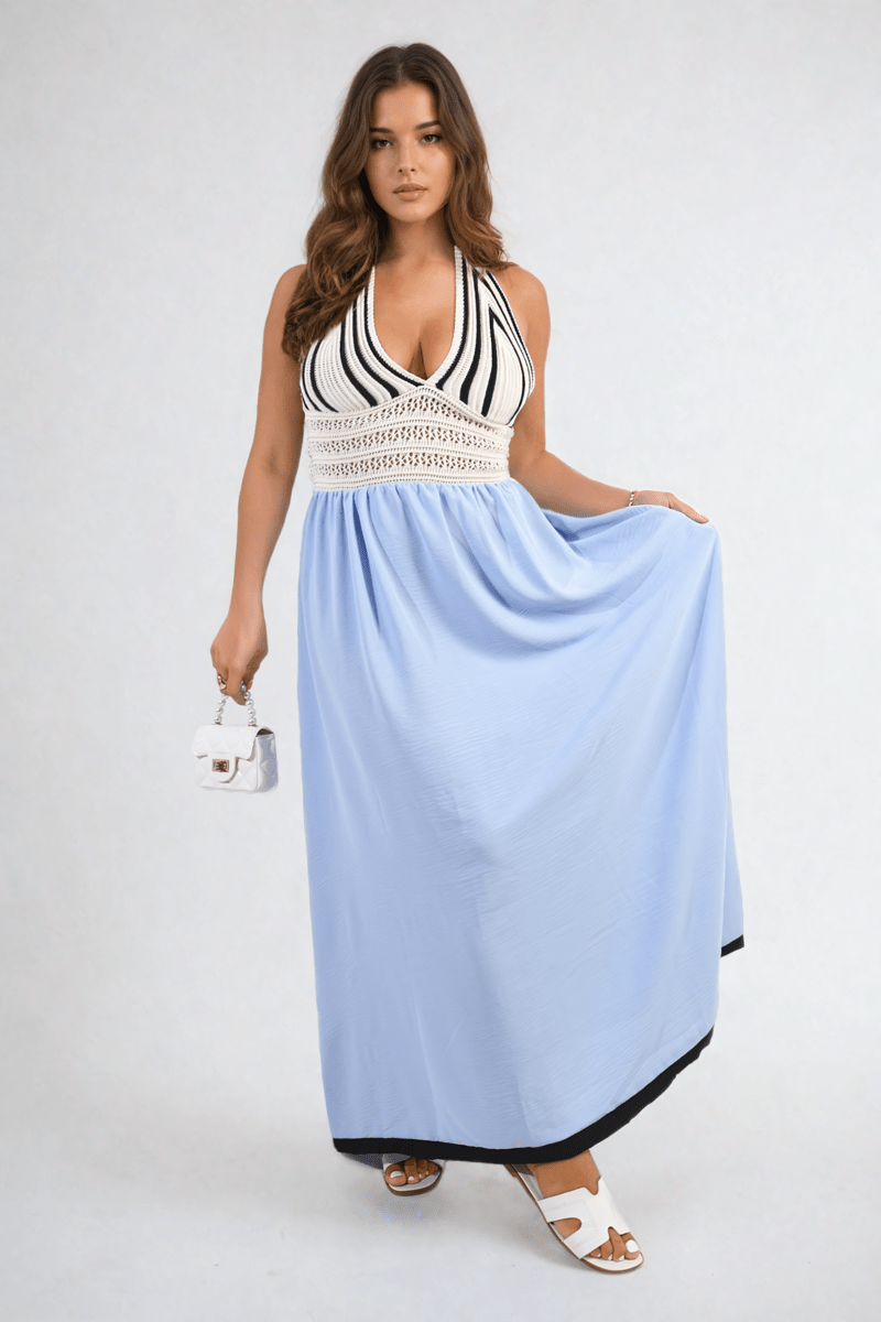 ZANIYAH Crochet V - Neck Halter Backless Maxi Dress - Glamoo - 