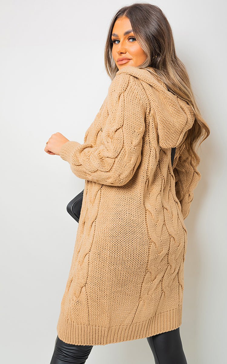 ZOE Chunky Cable Knitted Oversized Longline Hooded Cardigan - Glamoo - 