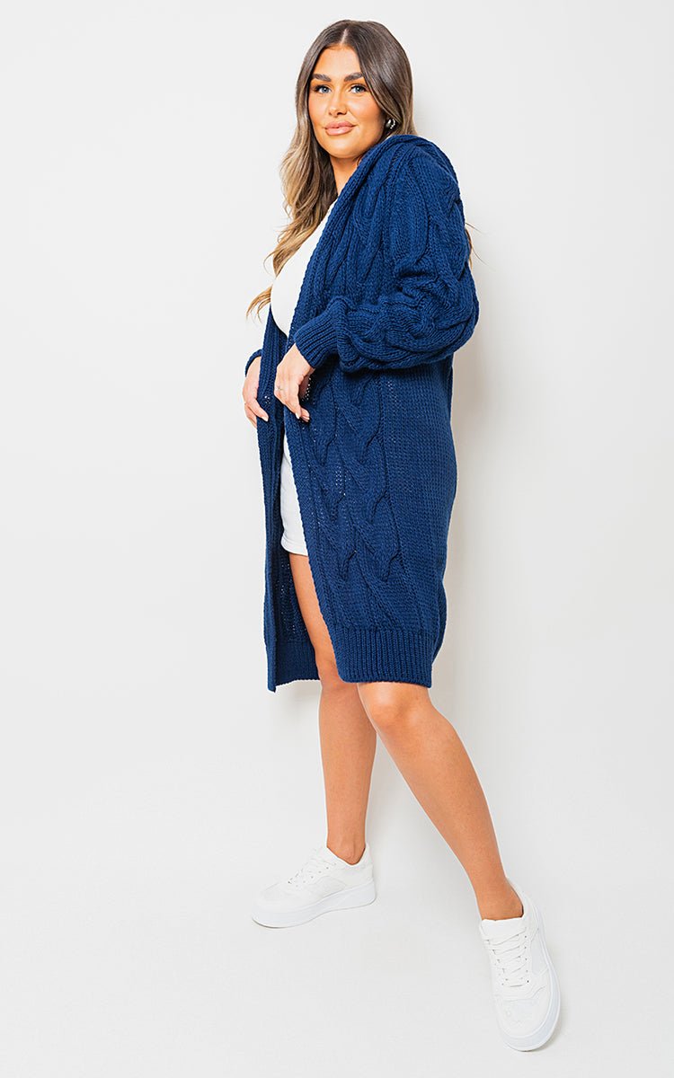 ZOE Chunky Cable Knitted Oversized Longline Hooded Cardigan - Glamoo - 